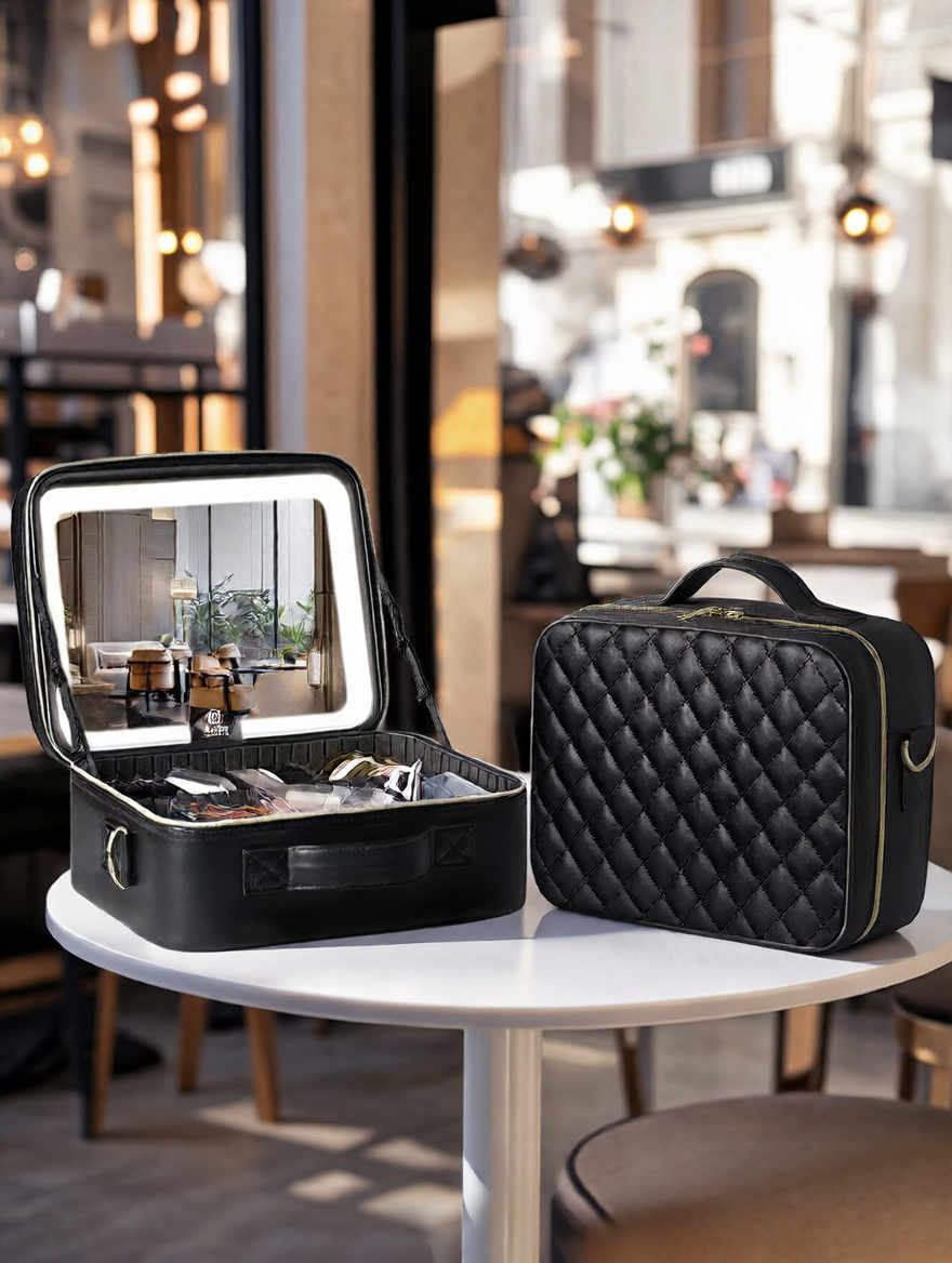 Makeup Bag with Mirror & LED Lamp – All-in-One Lighted Beauty Case for Travel & Home