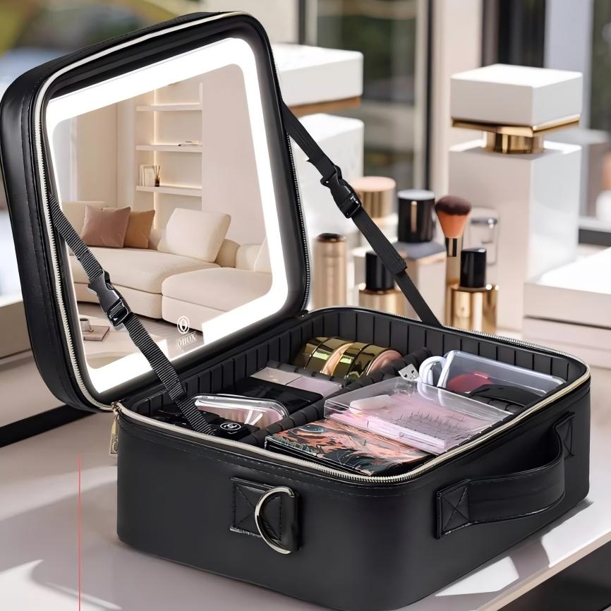 Makeup Bag with Mirror & LED Lamp – All-in-One Lighted Beauty Case for Travel & Home