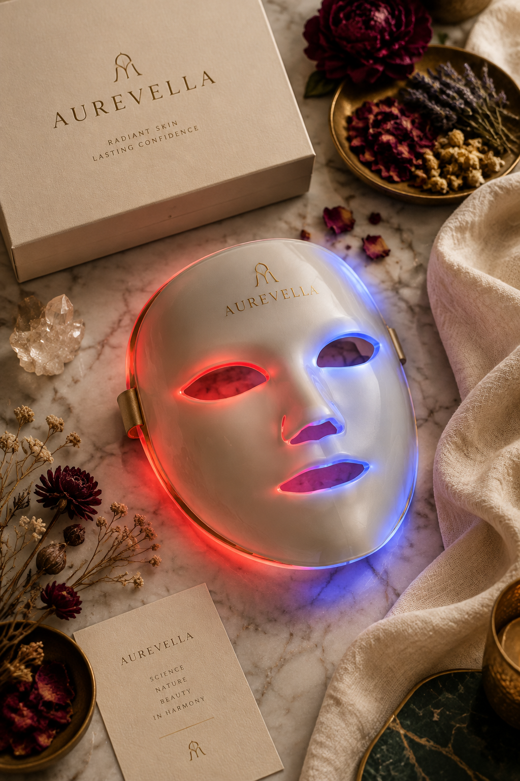 LED Light Therapy Facial Mask – AUREVELLA luxury beauty flatlay on marble with botanicals
