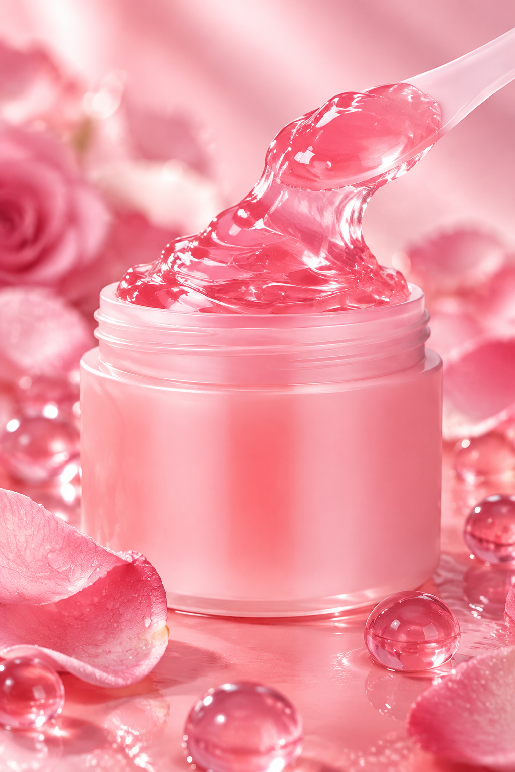 Medicube Collagen Jelly Cream close up with rose petals editorial shot