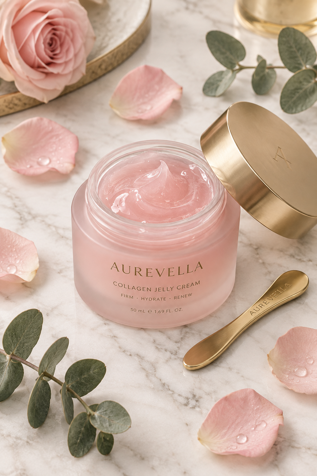Medicube Collagen Elastic Jelly Cream – pink dewy gel texture flatlay with rose petals and gold accents on marble