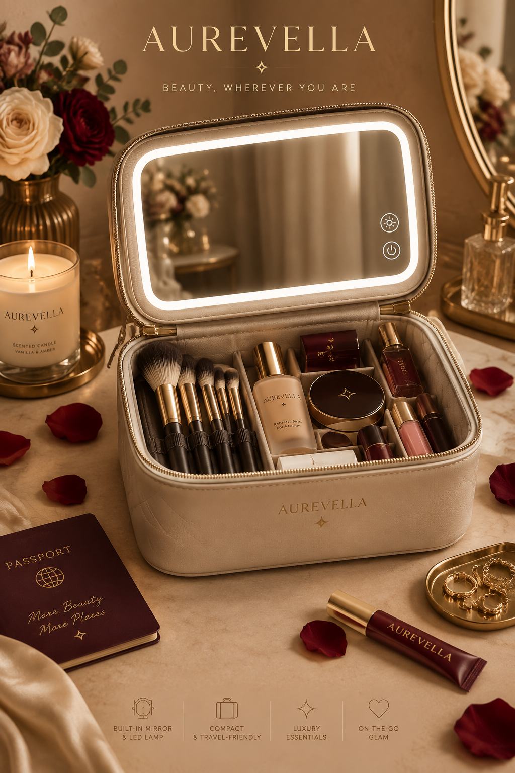 Makeup Bag with Mirror & LED Lamp – AUREVELLA luxury beauty flatlay on beige vanity with gold accessories