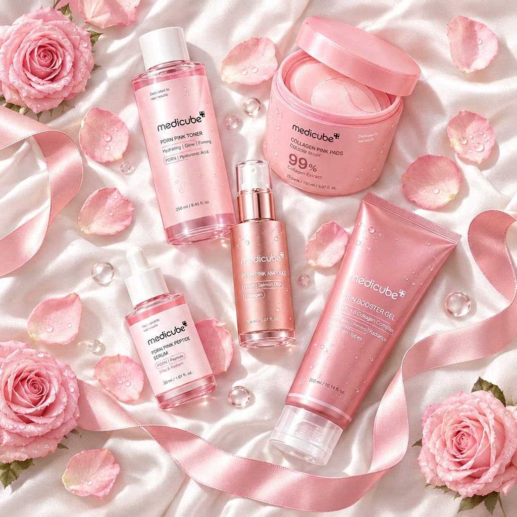Medicube PDRN skincare flatlay on white silk with rose petals overhead shot