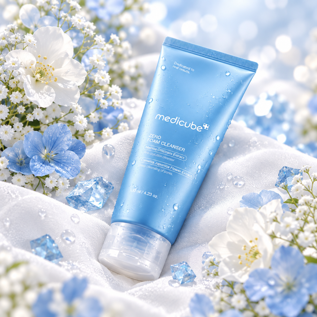 Medicube Zero Foam Cleanser on linen with blue flowers and crystals