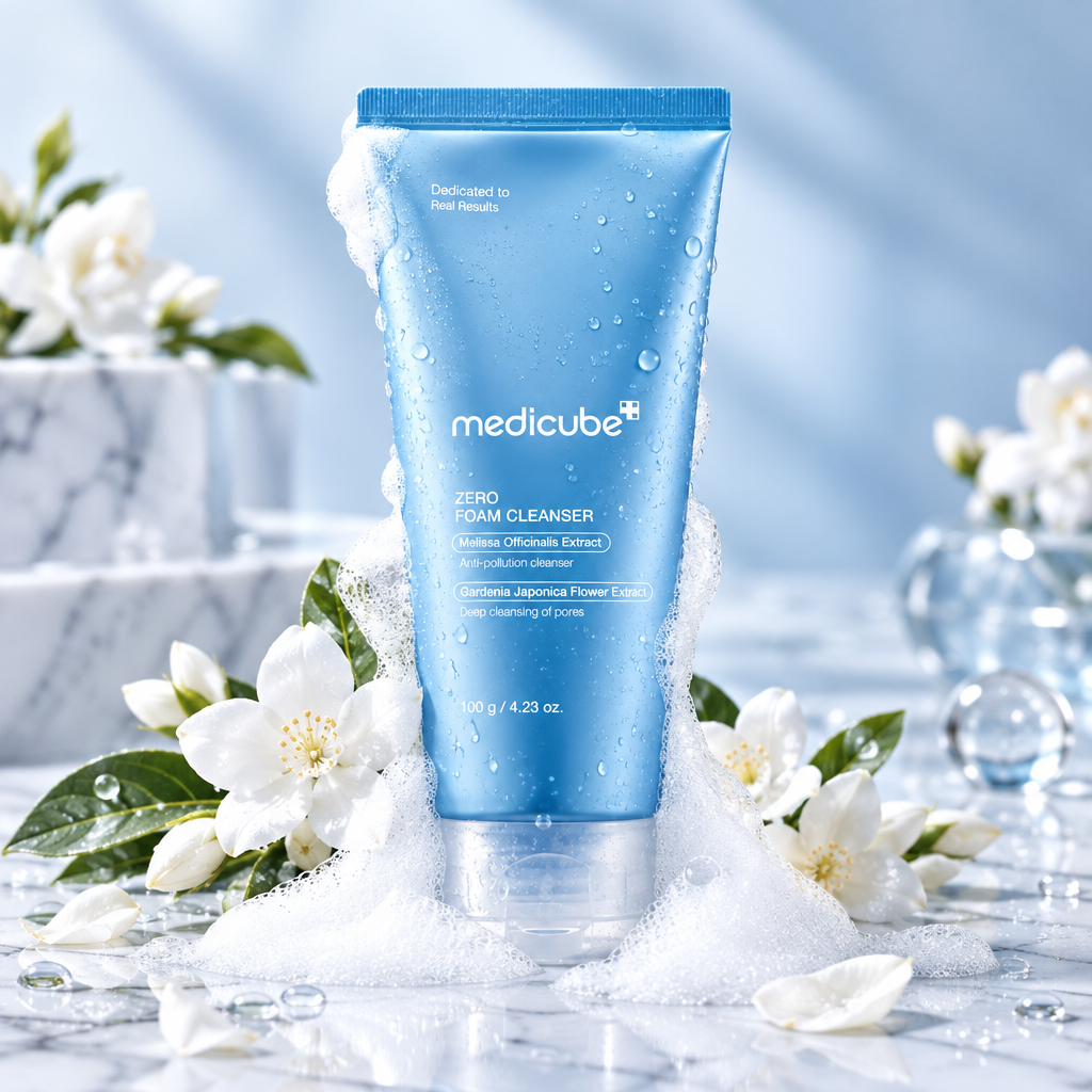 Medicube Zero Foam Cleanser upright on marble with white foam and flowers