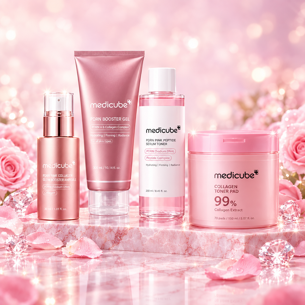 Medicube PDRN skincare collection on pink marble with rose petals and crystals